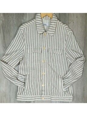 Zara Striped Overshirt Jacket Men’s (Medium) Button Shacket Beige #14